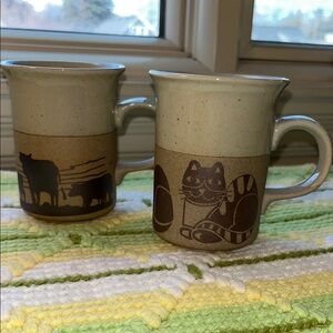 Set‎ of 2 Ceramic Animal Print Mugs - Cats and Cows!! Brown and Cream